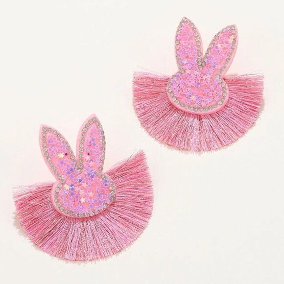 Pink Sequined Easter Bunny Fringe Earrings - Picture 2 of 7